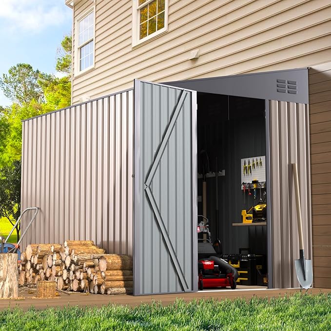 AECOJOY 6' x 8' Lean to Storage Shed, 8x6 Outdoor Storage Cabinet Shed Metal Wall Side Storage Sheds & Outdoor Storage, Garden Storage Cabinet for Backayrd, Patio, Outdoor Use in Grey