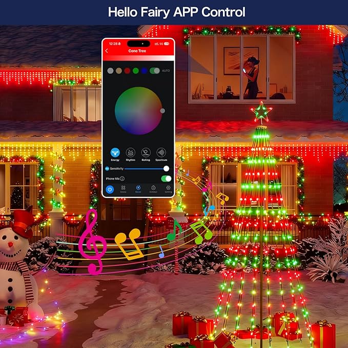 Christmas Cone Tree Lights, 8.5ft 460 LEDs Christmas Tree Lights with App Control, IP67 Waterproof Outdoor String Lights for Xmas Decorations,100+ Scene Modes, Music Sync,Adapter,Black Stand