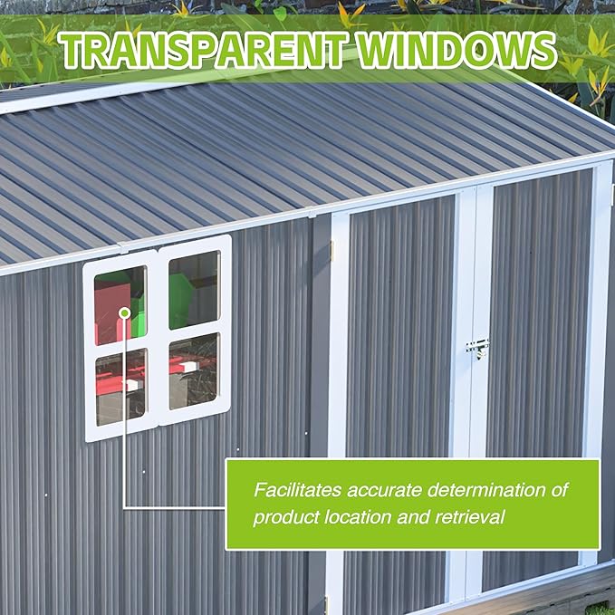 8x12 FT Outdoor Metal Storage Shed with Window & Floor Frame, Lockable Double Doors, Weatherproof Steel Tool Shed for Garden, Backyard, Lawn Equipment, and Patio Storage