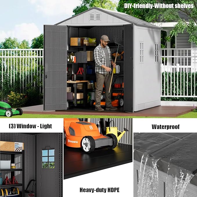 6x8.6 FT Storage Shed with Floor,HDPE Resin Outdoor Storage Shed Weather Resistant,Lockable Garden Sheds with Windows for Home/Garden Tools/Backyard/Lawn Mower/Bike Storage(Gray)