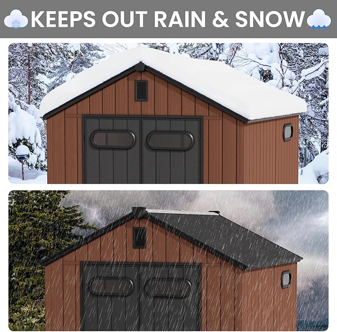 CRESTLIVE 8x10 FT Rust-Resistant Plastic Outdoor Storage Shed, Waterproof Resin Garden Shed with Floor, Doors, Skylight & Vent for Lawn Tools & Bikes