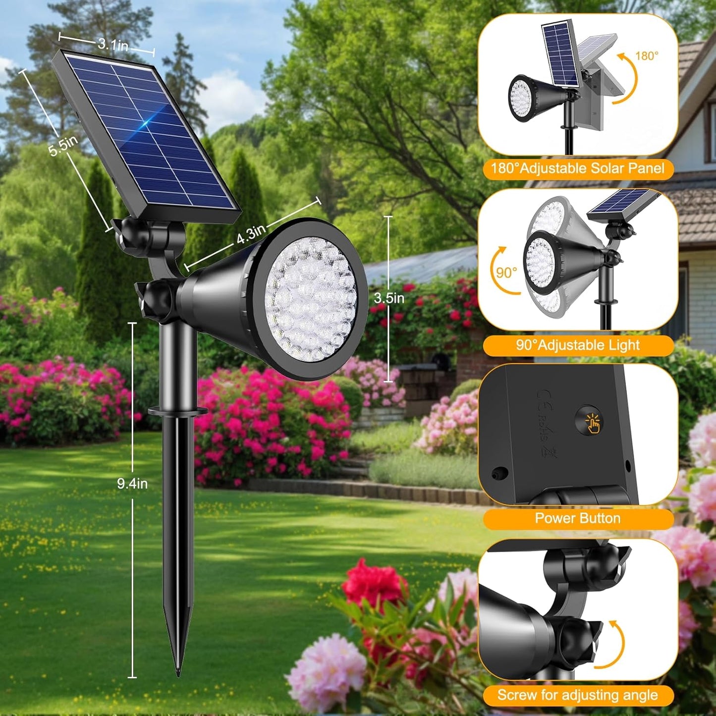 Solar Color Changing Lights, 2 Modes Solar Spotlights Outdoor Waterproof Ip65, Outdoor Lights for Outside Yard Garden Landscape Pathway Tree Decorations- 2 Pack (Multicolor)
