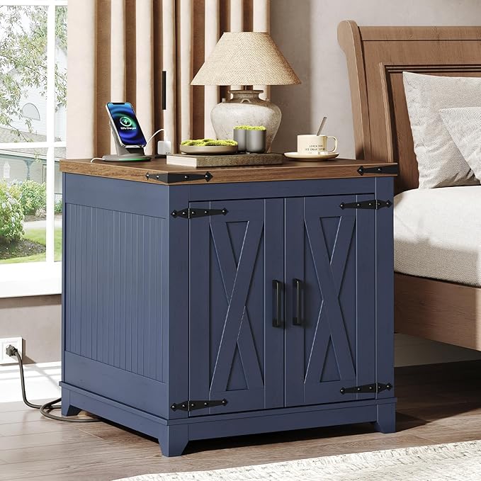 Farmhouse End Table Set of 2, End Tables Living Room, Large End Table with Charging Station, Square Side Table with Adjustable Shelf, Wooden Nightstand for Bedroom, Ink Blue and Walnut