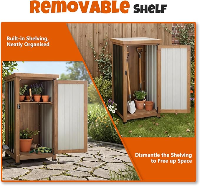 Small Outdoor Storage Cabinet, Wood & Metal Storage Shed with Weatherproof Roof, Removable Shelf, Lockable Door, 2 Metal Hinges, Adjustable Feet, Outside Storage Cabinet