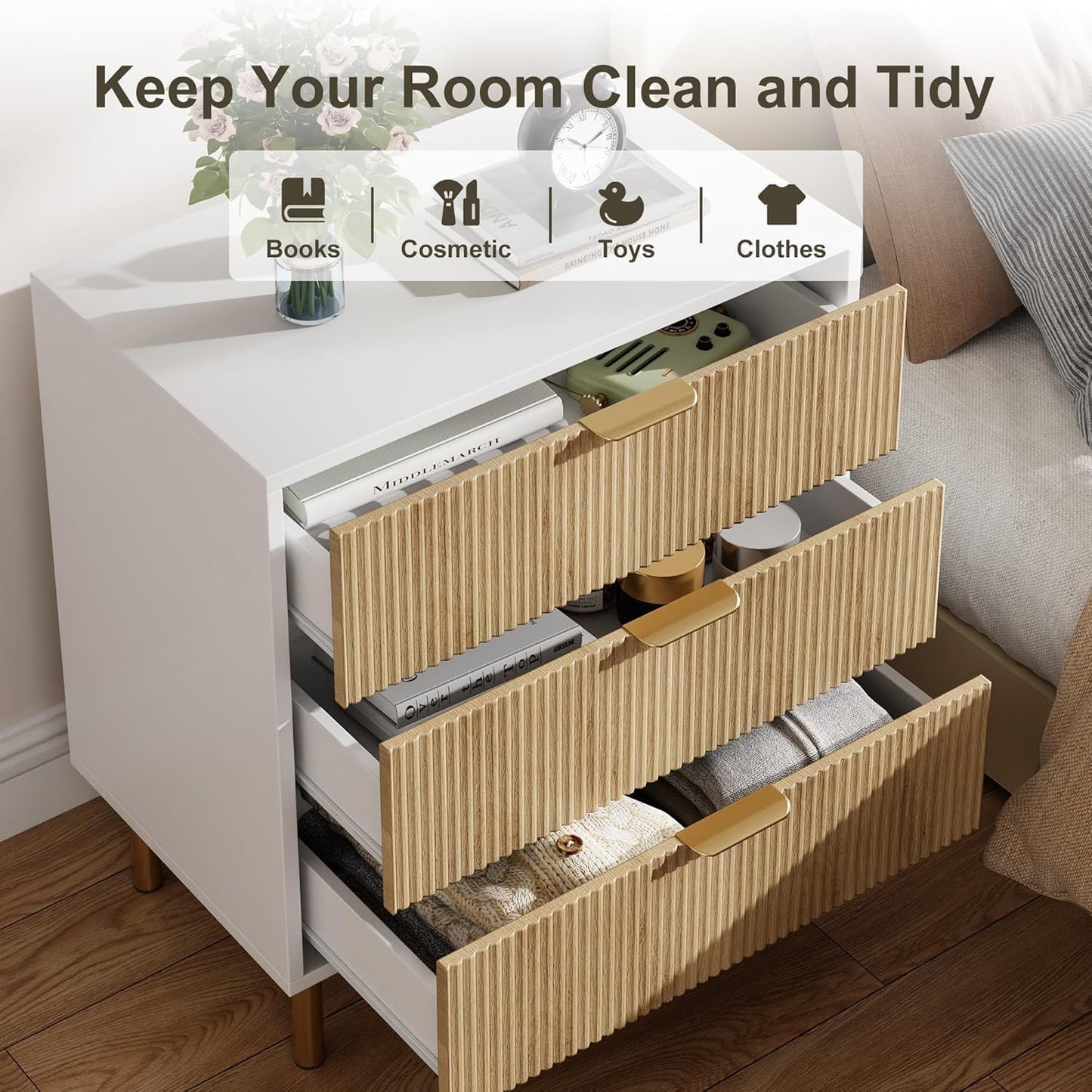 GAOMON 3 Drawer Dresser, Wood Chest of Drawers Organizer Storage with Gold Handle, Small Storage Cabinet, Modern Design Dresser for Bedroom, Living Room, Closet, Hallway, Entryway, Natural