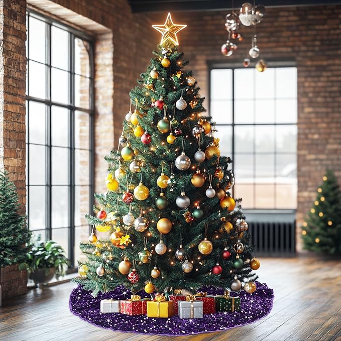 Purple Tree Skirt Christmas Tree Skirt 36 Inch Sequin Tree Skirts Glittery Velvet Tree Skirt Collar Round Santa Tree Skirts for Xmas Party Decoration Christmas Tree Ornaments