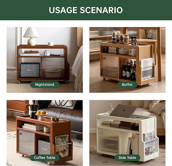 Solid Wood Side Table with Wheels, Narrow Side Table with Storage, Rolling Bedside Table for Bedroom Living Room Dining Room(Natural, 27.95" D x 11.42" W x 19.88" H)