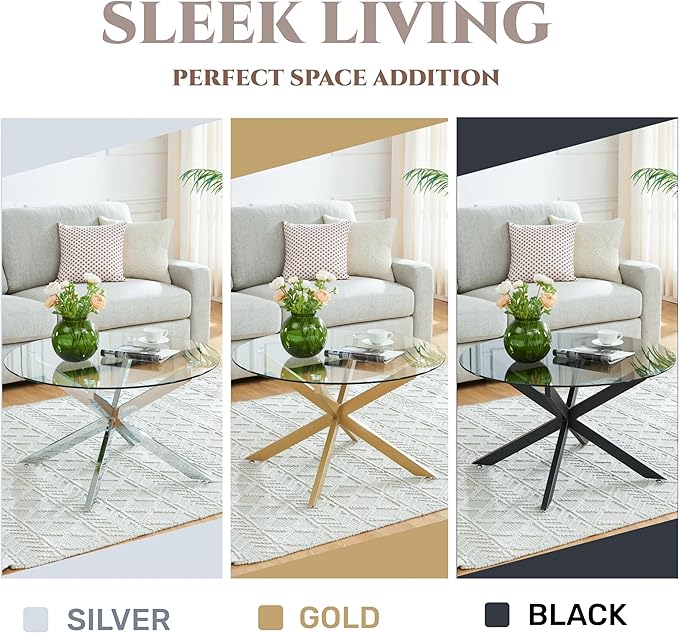 Gold & Round Glass Coffee Tables for Living Room, Home Office, Modern & Simple Center Table with Clear Tempered Glass Top, 35.5" Wx19.7 H