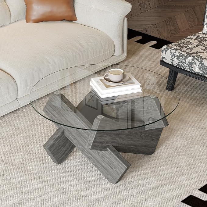 Gray Round Glass Coffee Table,33-Inch Coffee Tables for Living Room Clear Circle Accent Table Adapts to Farmhouse and Contemporary Decor