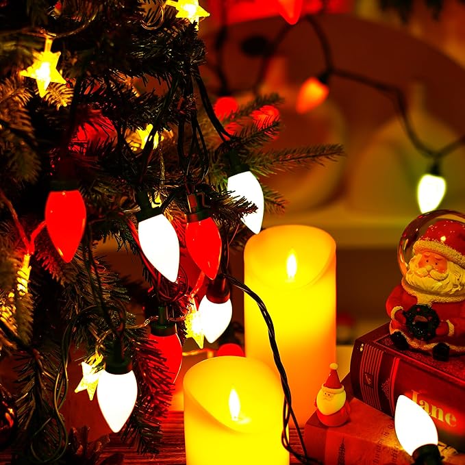 HAYATA Red&White C9 Big Bulbs Classic Christmas Lights 50 LED 32ft Strawberry Light - Waterproof Green Wire Fairy Lights, for Indoor Outdoor Home Yard Xmas Tree Decorations (Red White - 50LED)