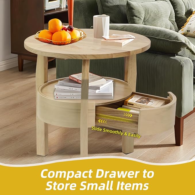 Round Coffee Table with Storage and Hidden Drawer - 20" D x 20" H Natural Wood Side Table with Sliding Drawer, Mid Century Modern Coffee Table, Small Coffee Table for Living Room, Natural Wood Color