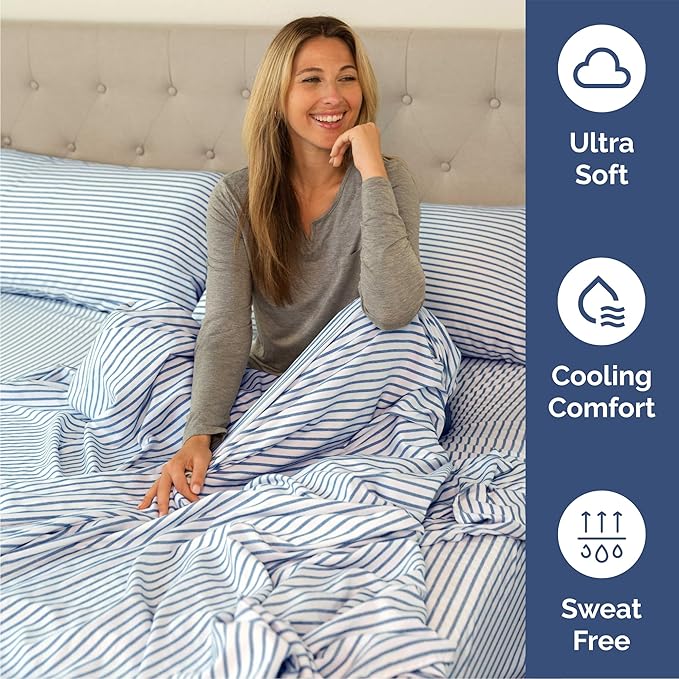 Queen Size 4 Piece Sheet Set - Comfy Breathable & Cooling Bed Sheets Set - Hotel Luxury Bedding for Women, Men, Kids, Teens, Boys & Girls - Deep Pockets, Soft, Wrinkle Free - Oeko-Tex - Blue Stripes 2