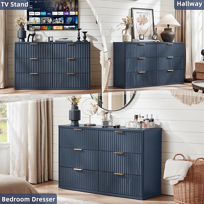 LEYAOYAO Fluted 6 Drawers Dresser, 48" Wide Modern Chest of Drawers with Wood Grain Top, Curved Profile Design, Dresser TV Stand, Wood Drawer Organizer for Bedroom, Living Room, Hallway,Blue