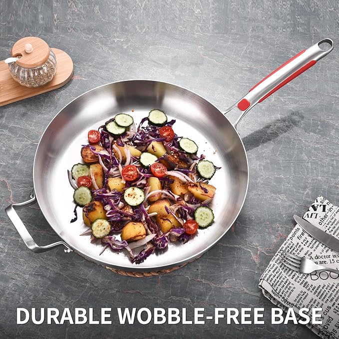 Inqibee 14-Inch Tri-Ply Stainless Steel Large Skillet with Lid,Large Frying Pan with Helper Handle,Jumbo Cooker,Induction Pan,Heavy Duty and Dishwasher Safe