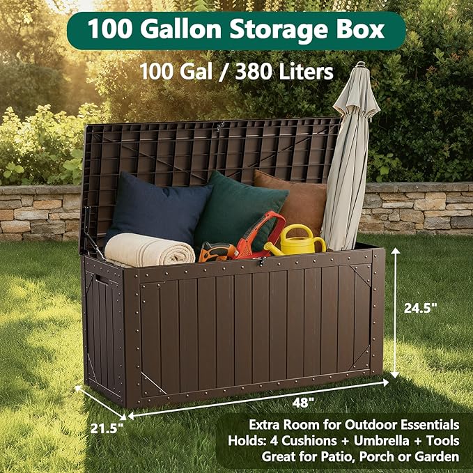 Outdoor Storage Box, 100 Gallon Deck Box Outdoor Storage Bench Outside Waterproof Resin Storage Bench, Lockable Patio Cushions, Garden Tools Storage For Furniture, UV Resistant (Brown)