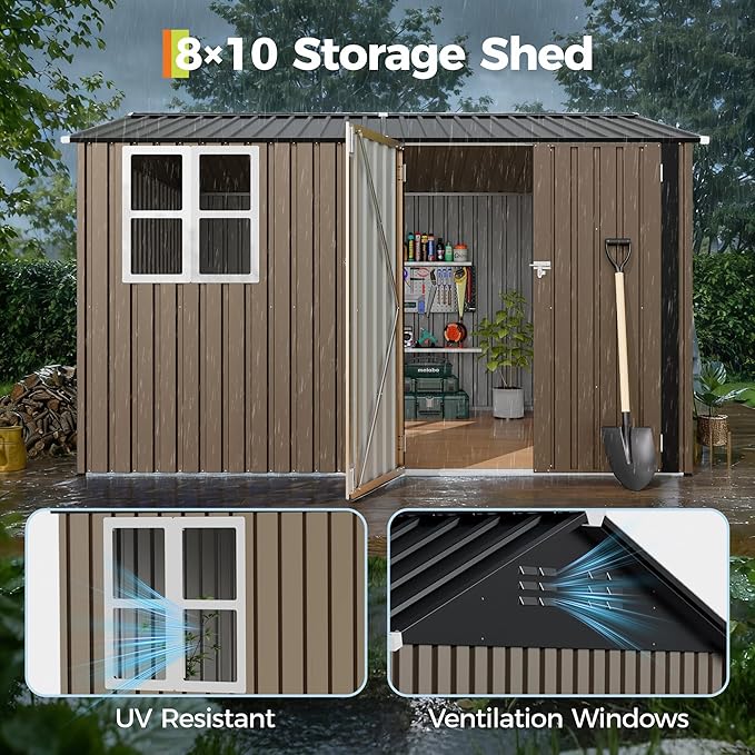 8x10 FT Outdoor Storage Shed,Metal Tool Shed with Clear Window, Lockable Doors,Large Garden Storage Box with Sloping Roof，Sheds&Outdoor Storage for Backyard Garden Patio Lawn, Brown