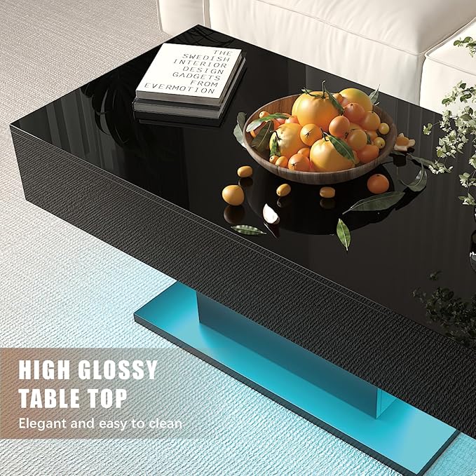Black Led Coffee Table with 2 Storage Drawers for Living Room, Living Room Table Rectangular Center Table, Modern High Glossy Wooden Coffee Tables with Lights for Dining Reception Room