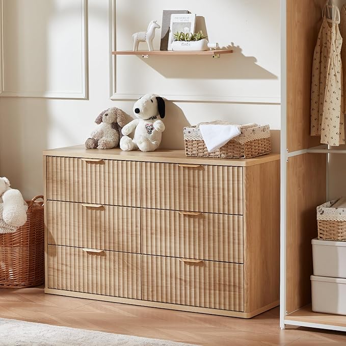 LEYAOYAO Fluted 6 Drawers Dresser Set of 2, 48" Wide Modern Chest of Drawers with Wood Grain Top, Curved Profile Design, Dresser TV Stand, Wooden Drawer Organizer for Bedroom, Living Room,Natural