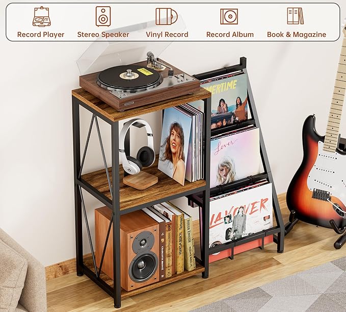 Y&M Record Player Stand with Vinyl Storage, Vinyl Record Shelf Holds Up to 200 Albums, 3-Tier Turntable Stand Table, Record Display Shelf for Album CD, End Table for Bedroom, Living Room