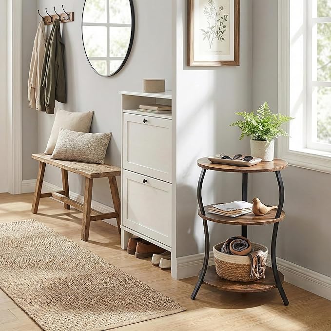 Round Side Table, 3-Tier End Table with Storage Shelf for Narrow and Small Spaces, Round Sofa Table Vintage Corner Tables for Living Room,Bedroom Nightstand/Rustic Brown