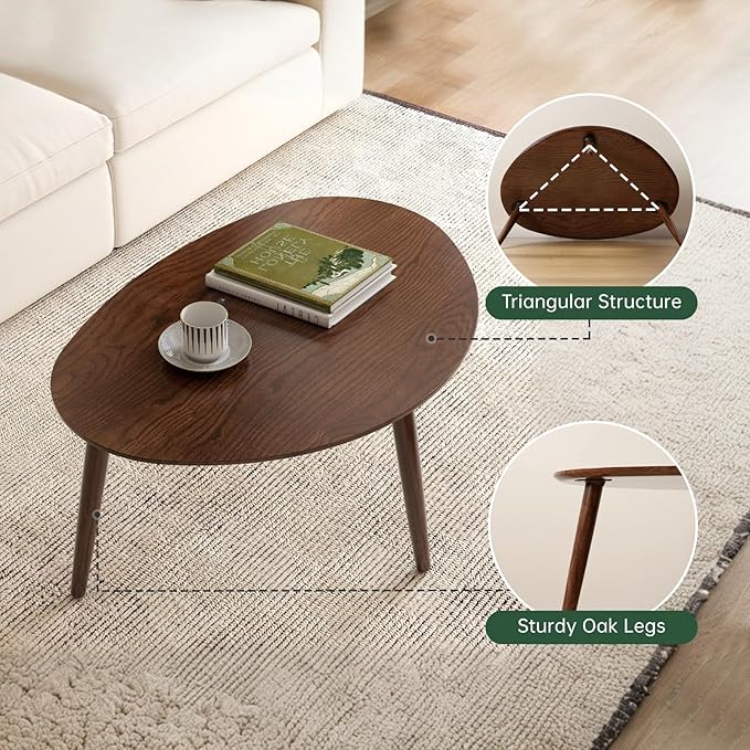 Small Oval Coffee Table, Mid Century Modern Coffee Table for Living Room, 100% Solid Oak Wood Side Table End Tables for Home (Walnut Wood Color, 33.46''x22.83''x15.74'')