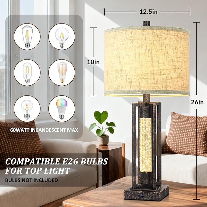 TOBUSA 26’’ Vintage Table Lamps for Living Room Set of 2, Rustic Lamps for Bedroom with 2 USB Ports and Crystal Night Light, Farmhouse Bedside Lamps with Linen Shade for Night Stands End Table, Bronze