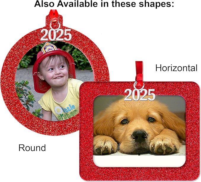 2025 Photo Ornaments for Christmas Tree, Sparkly Glitter Christmas Frame Ornament, Easy-Load Magnetic Design, Includes Satin Ribbon, Silver Charm & Photo Protector, Vertical, Red