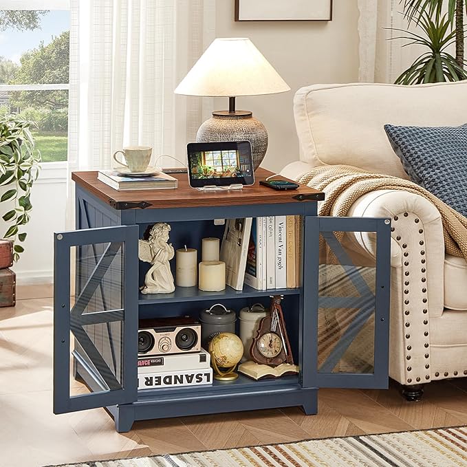 Farmhouse End Table Set of 2,24" Large Sofa Side Table with Charging Station Glass Barn Door,Wood Nightstand with Adjustable Storage Shelf,Square Bedside Table for Living Room,Bedroom,Office-Blue
