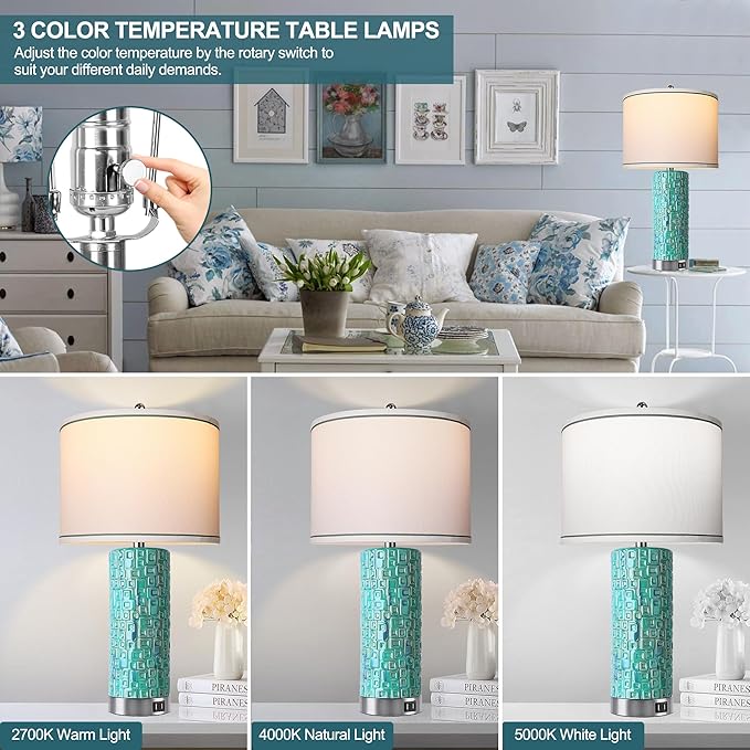 CeramicTable Lamps Set of 2 Lamps for Bedroom Living Room Office 26" Rotary Coastal Bedside Lamp for Nightstand with 2 USB Ports 3-Colors