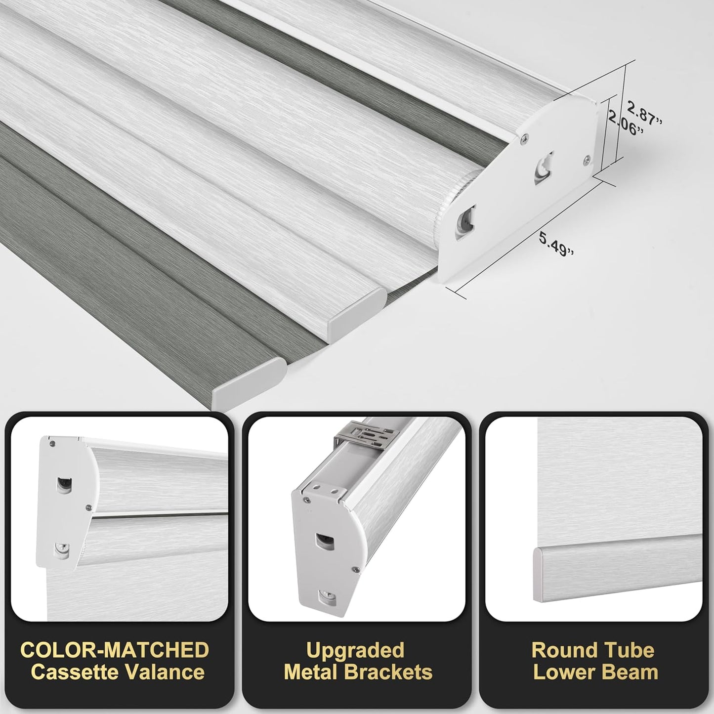 BERISSA Cordless Dual Roller Shades with Cassette Valance, Double Window Shades - Blackout and Light Filtering, Day and Night for Home Office Door. Grey and White. 68 W x 36" H