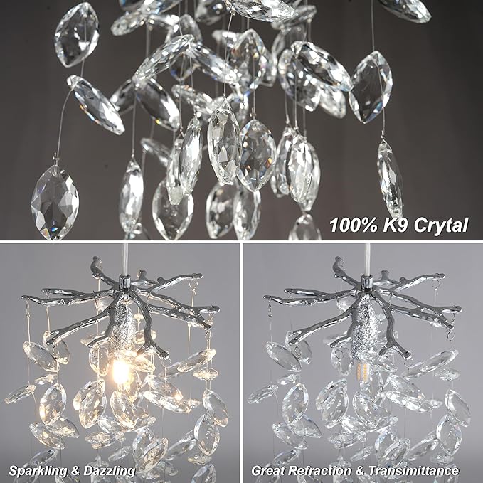 YUYI Modern Crystal Chandelier, 8.3" Silver Tree Branch Chandelier for Dining Room, Luxury Raindrop Pendant Light Fixture for Living Room, Kitchen Island, Bedroom, Foyer, 1 Light