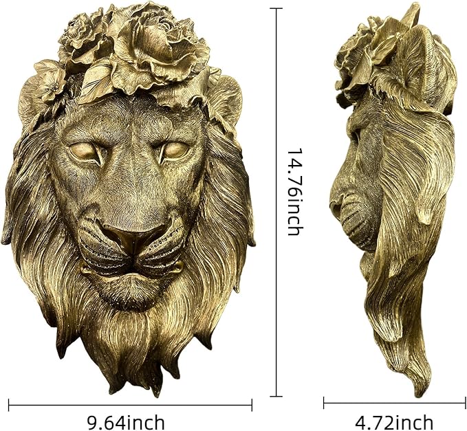 GUSFREUD Gold Lion Animal Head Wall Decor – Resin Lion Wall Sculpture, Vintage Gold Wall Art for Living Room, Bedroom, Office, Maximalist Home Decor