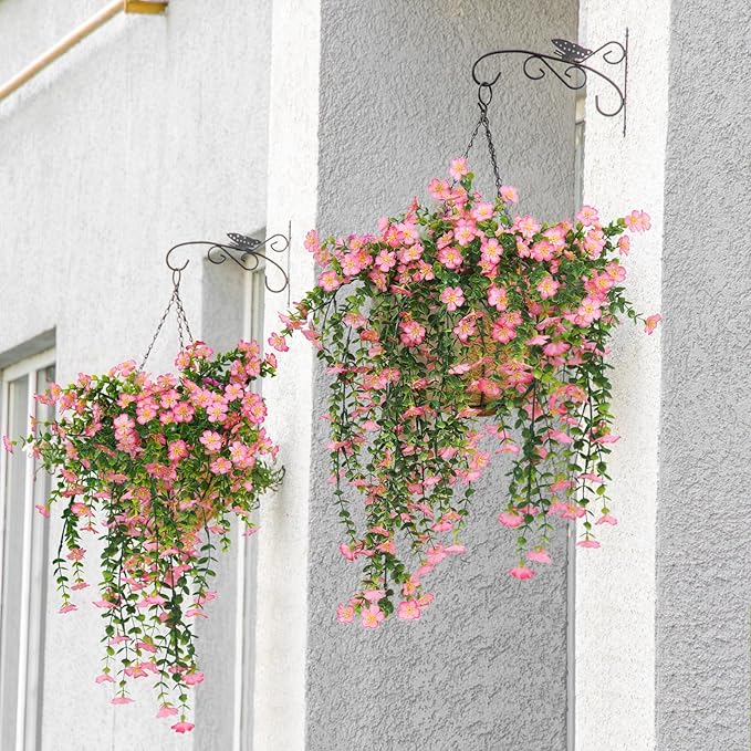 RECUTMS Artificial Hanging Flowers Plants for Outdoors, 4Pcs Fake Hanging Plants Flowers with Eucalyptus Leaves UV Resistant Fake Flower Look Real for Home Garden Porch Patio Door (Pink)
