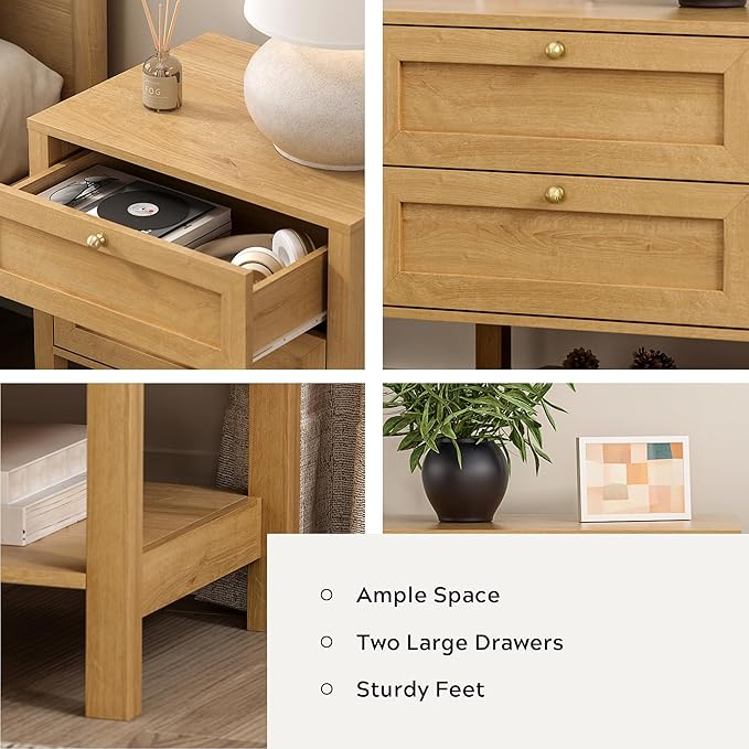 End Tables Set of 2 with 2 Drawers, Farmhouse Nightstand with Open Shelf, Modern Bedside Cabinet Side Table Night Stand for Bedroom, Living Room, Natural Oak