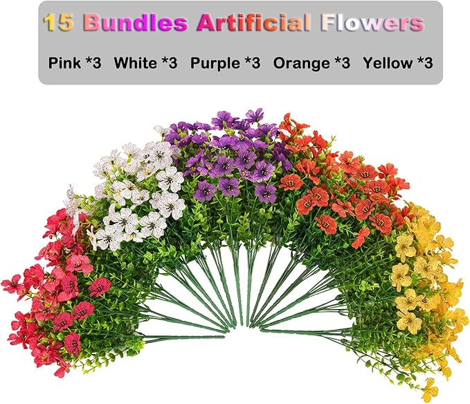 Fake Flowers UV Resistant,15 Bundles Artificial Flowers for Outdoors ，ARealistic Fake Plants for Outdoors，Hanging Baskets,Patio, Porch and Garden Decor