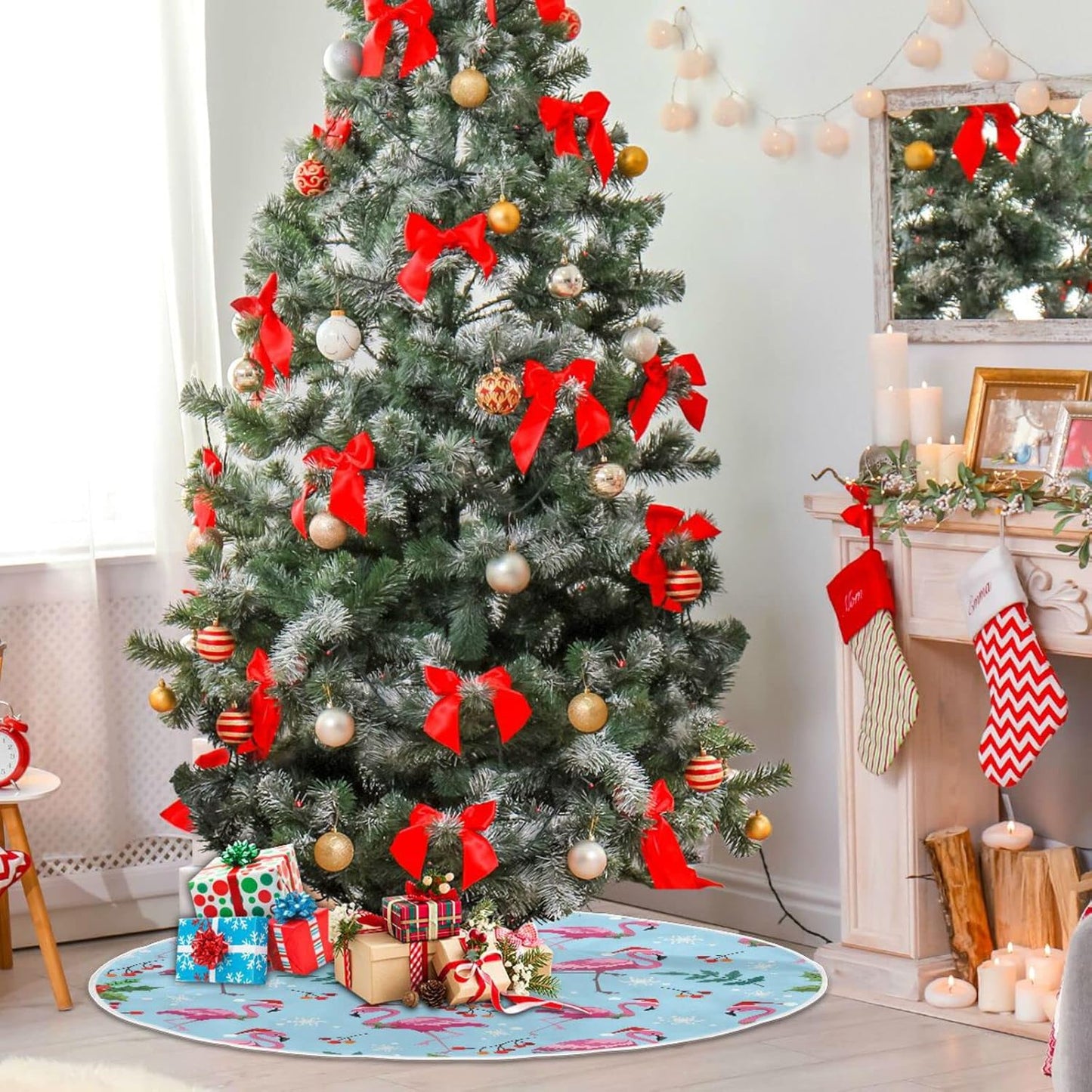 Christmas Flamingo Snowflake Tree Skirt, Seasonal Tree Mat Holiday Party Supplies Ornaments Indoor Outdoor Decorations for Tabletop Trees 47.2 Inches