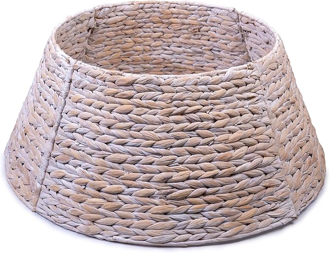 24in Christmas Tree Collar, Christmas Tree Ring Adjustable Water Hyacinth Skirt, Christmas Tree Skirt for Decoration, Base Protection from Pets (White)