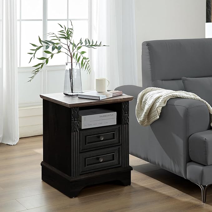 Farmhouse Nightstand wtih Charging Station, 20" End Table with 2 Drawers, Night Stand Side Table Storage Cabinet with Carved Pilasters for Bedroom,Wood Rustic, Black