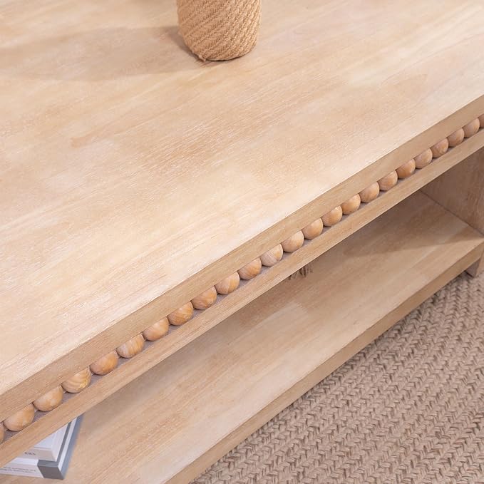 Rectangular Coffee Table with Real Wood Beads, Rustic Wooden Center Table with Open Storage Shelf, Farmhouse Tea Table for Living Room Apartment Office,47.6" L x 23.7" W x 18" H