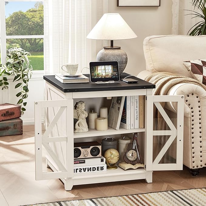 Farmhouse End Table,24" Large Sofa Side Table with Charging Station Glass Barn Door,Wood Nightstand with Adjustable Storage Shelf,Square Bedside Table for Living Room,Bedroom,Office-White