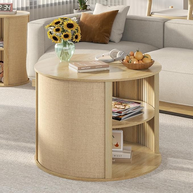 Wood Round Coffee Table with Storage, 2-Tier Boho Wooden Center Coffee Table with Adjustable Shelf, Sackcloth Finish, Farmhouse, for Living Room, 27.5 Inches