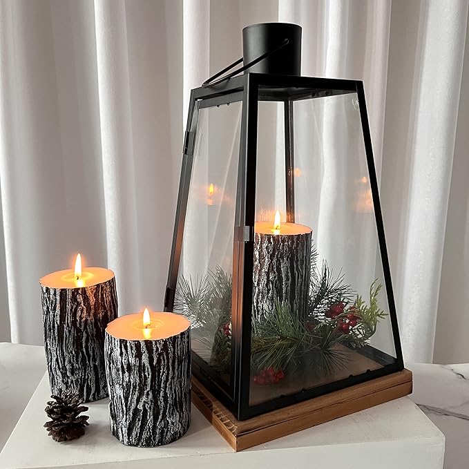 MOZEAL Hand-Poured Unscented Candle,Dripless Smokeless Cotton Wick Pillar Candle Set of 3,Includes 4", 5" and 6",300 Hours Burn Time,Country Style,for Christmas and Fireplace Decor(Black Pine Tree)