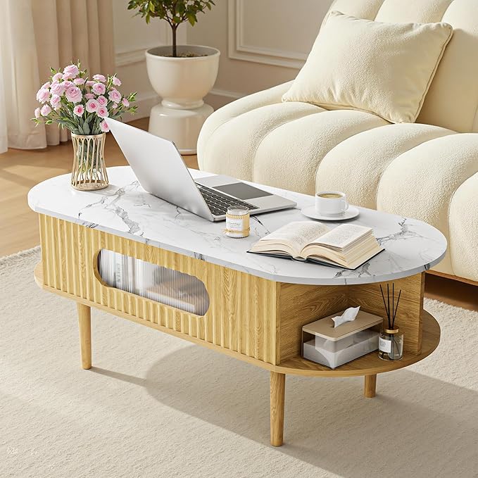 47" Coffee Table, Wood Oval Center Table with 3 Hidden Compartment & 4 Open Space, Faux Marble Tabletop, Modern Coffee Table for Living Room, Home Office, Natural
