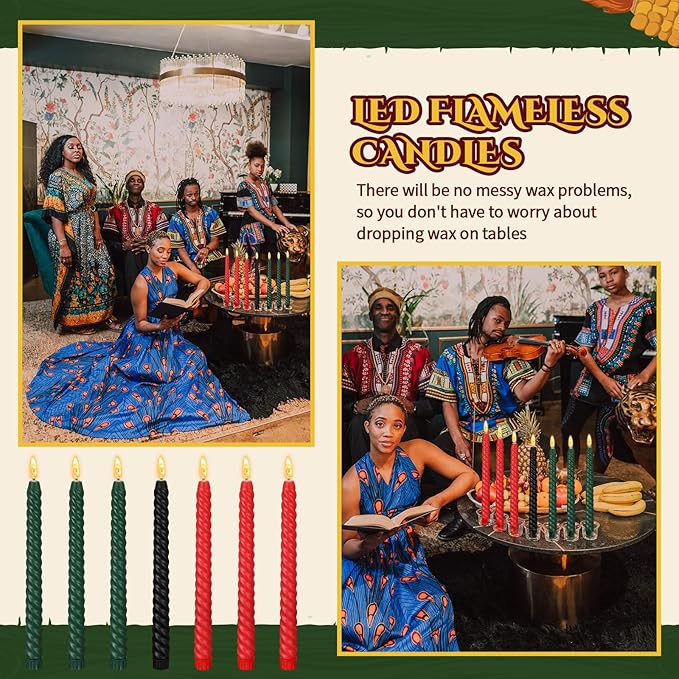 Riakrum 7 Pieces Kwanzaa Candles Set Kwanzaa Flameless Taper Candles Battery Operated for Church Celebration Decoration(10.04 Inches,Spiral)