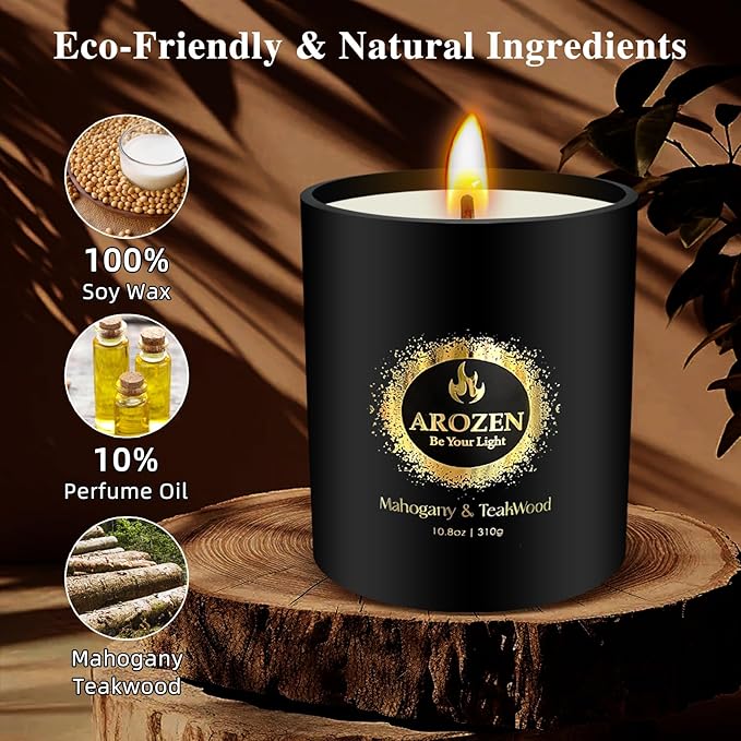 Mahogany Teakwood Scented Candles, Gifts for Men, Father's Day Holiday Chrismas Candle Gifts, Black Soy Candles for Home Scented, Extra Large with 70H Long Lasting Burn 10.8oz