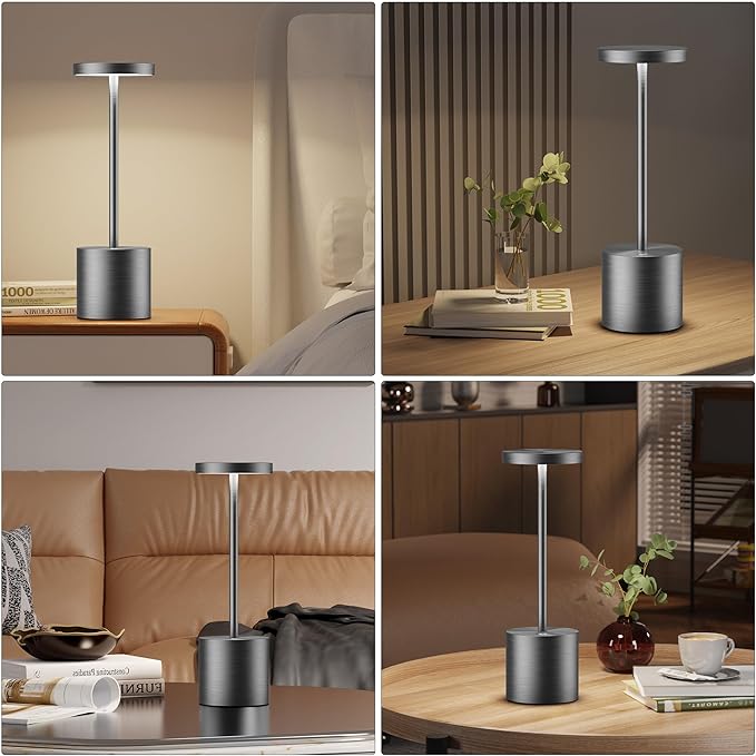Cordless Table Lamps Rechargeable - Outdoor Waterproof LED Table Light Portable 5000mAh Battery Operated Lamp 3 Color Stepless Dimming with Memory Function for Restaurant Dining Patio Grey