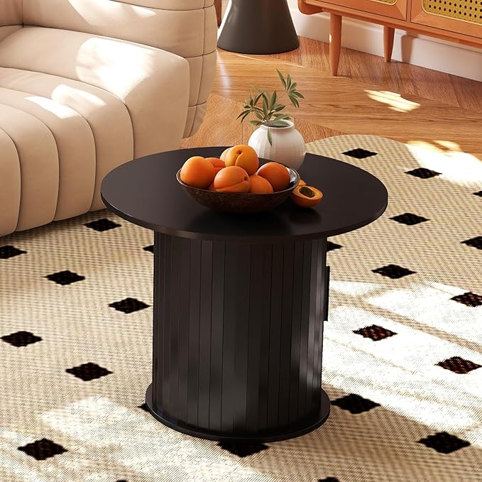 COSVALVE Round Wood Coffee Table 23.6IN with Hidden Storage & Sliding Door, Circle Farmhouse Side Table Sets for Living Room, Bedroom, Balcony, Small Spaces, Black