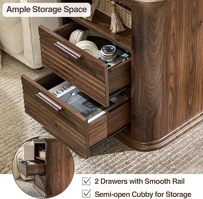 Okvnbjk 22" Fluted Night Stand with Charging Station, Modern End Table with 2 Drawers & Open Storage, Stylish Bedside Table for Living Room, Bedroom, Side Tables Curved Profile Design, Dark Walnut