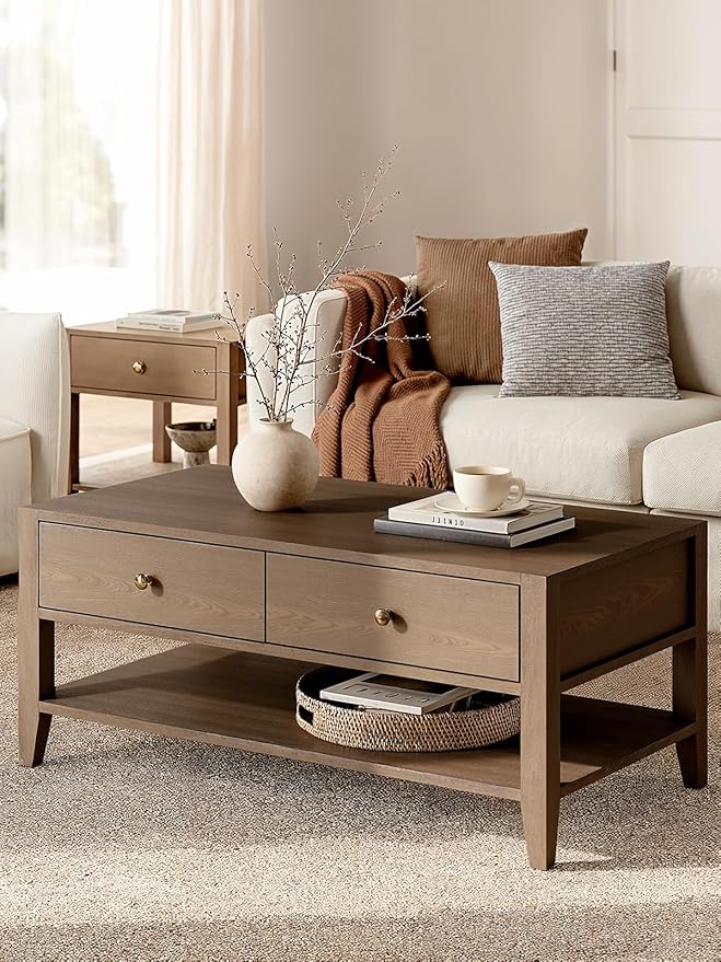 42" Farmhouse Coffee Table with Storage, Solid Wood Coffee Table for Living Room, Rectangle Coffee Table Center Table for Home Office Apartment, Easy to Assemble, Walnut