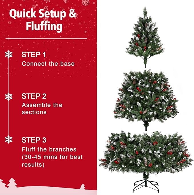 6.5 Ft Pre-Lit Artificial Christmas Tree with 400 Dual Color LED Lights & Timer - Snowy Spruce with 1100 Branch Tips & 60 Pine Cones & 60 Berries Indoor Outdoor Home Christmas Decorations